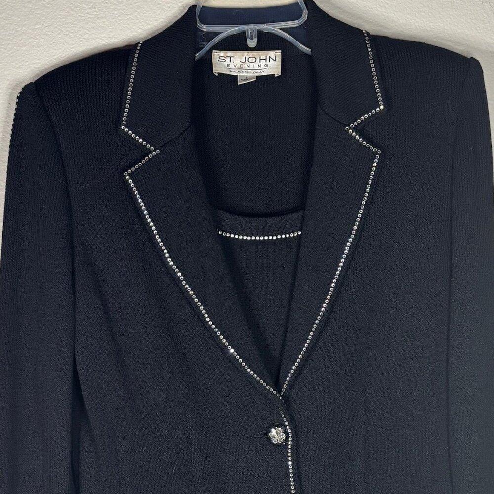 St. John Evening 4-Piece Black Skirt/Pantsuit w/ Rhinestone Trim – Size 4